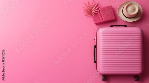 Pink suitcase with a hat, sunglasses, and a small pink bag on a pink background.  Perfect for travel and vacation concepts. photo