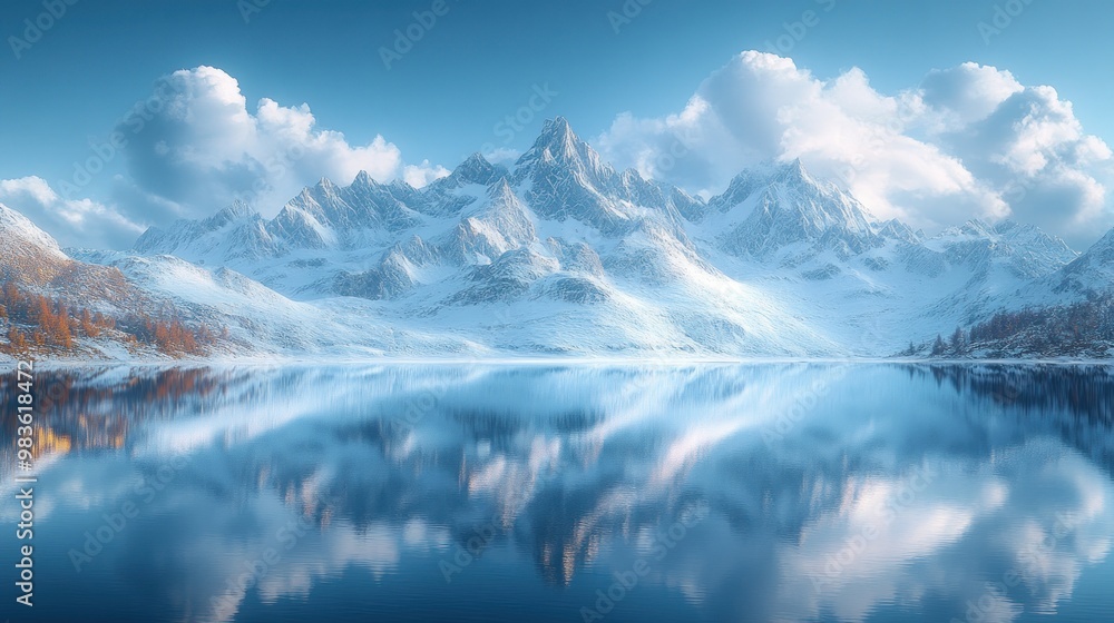 Snowy Mountain Range Reflection in Calm Lake Snowy Mountain Range Reflection in Calm Lake