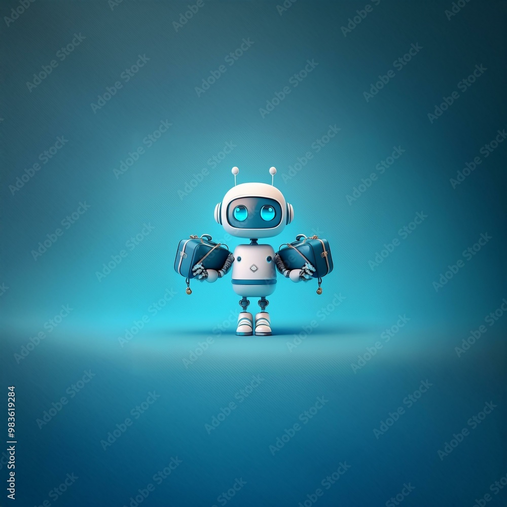 A white robot with blue eyes stands on a blue background and holds two suitcases. A white robot with blue eyes stands on a blue background and holds two suitcases.