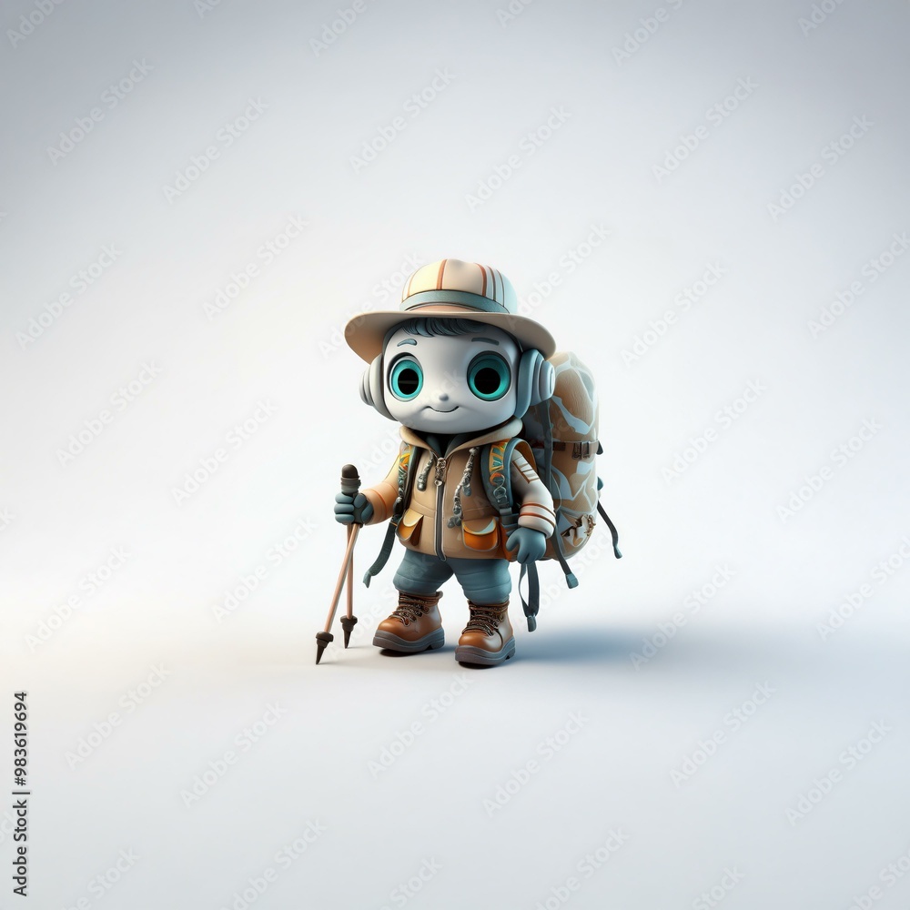 A cartoon character wearing a hat, backpack, and jacket is holding two hiking poles and smiling at the camera. A cartoon character wearing a hat, backpack, and jacket is holding two hiking poles and smiling at the camera.