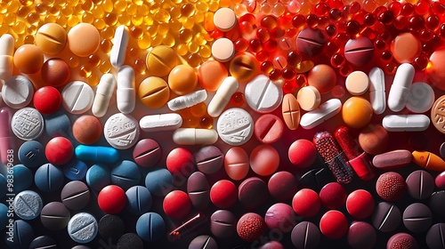 Collection of colorful pills arranged in a geometric pattern representing the diversity and complexity of pharmacology photo