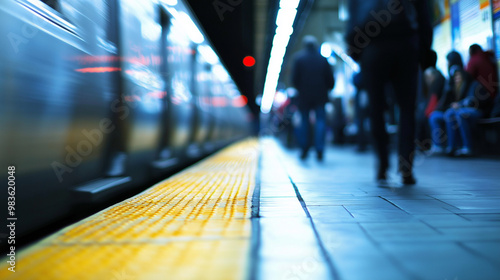 blurred photo of a busy subway platform with a train approaching with a diverse crowd of people waiting, out of focus and blurry