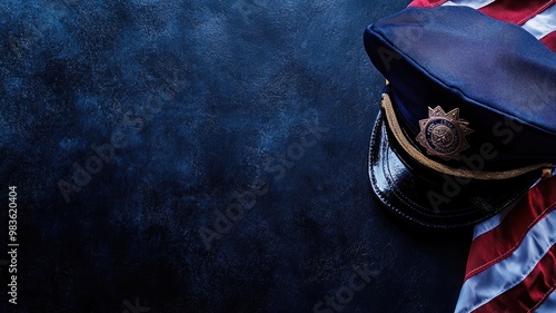 Police hat and flag on dark textured background