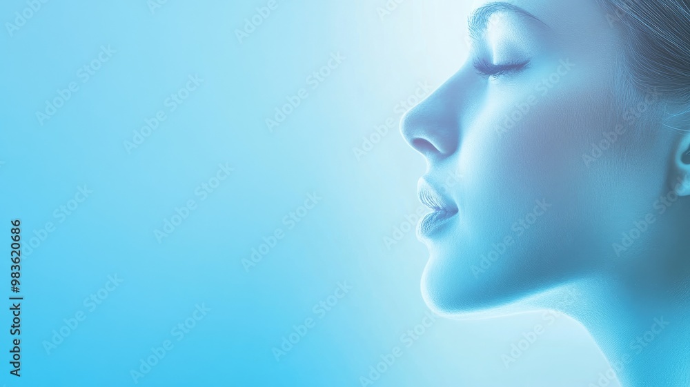 Side profile of serene, young woman's face in soft blue lighting Side profile of serene, young woman's face in soft blue lighting