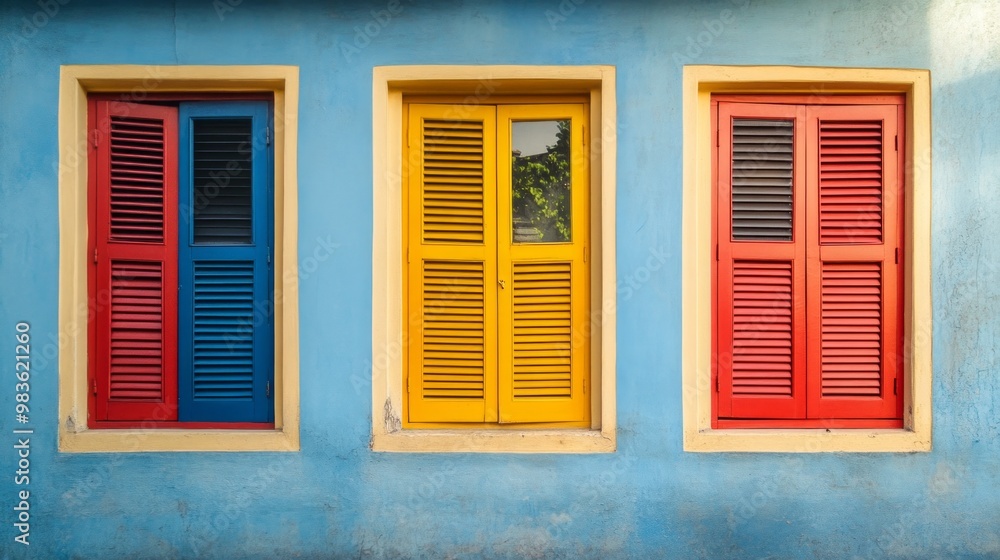 Fototapeta premium Vibrant Shutters Against Subtle Facade, showcasing lively shutters in vivid hues juxtaposed with a soft-toned building exterior, creating a striking visual appeal.