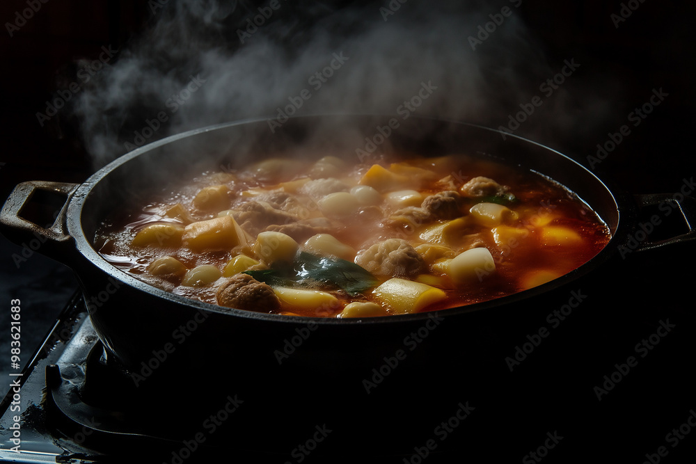 A steaming hot pot filled with broth and ingredients on a black background A steaming hot pot filled with broth and ingredients on a black background