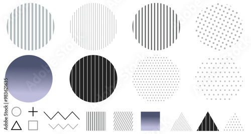 モノクロのポップな幾何学模様のイラスト素材セット　ジオメトリック　ドット　ストライプ