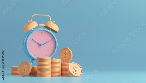 Colorful clock and coins representing time and money. photo