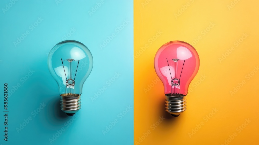 Two light bulbs, one clear and pink, against blue yellow backgrounds Two light bulbs, one clear and pink, against blue yellow backgrounds