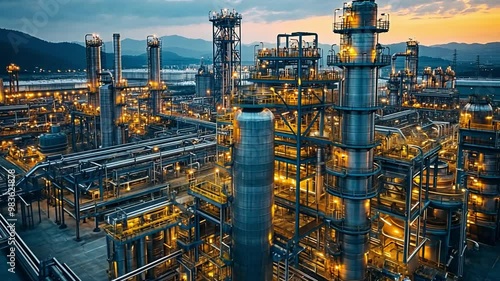 Wallpaper Mural Industrial oil refinery illuminated at dusk with intricate pipelines and production structures Torontodigital.ca