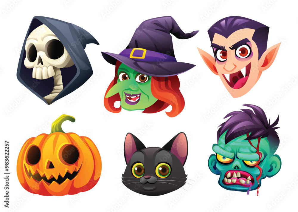 Set of Halloween character faces featuring grim reaper, witch, vampire, pumpkin, black cat, and zombie. Vector cartoon illustration