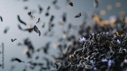 loose-leaf earl grey tea with visible pieces of bergamot peel and cornflowers against an isolated soft gray background
