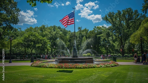 Fountain and Flag in a Green Park