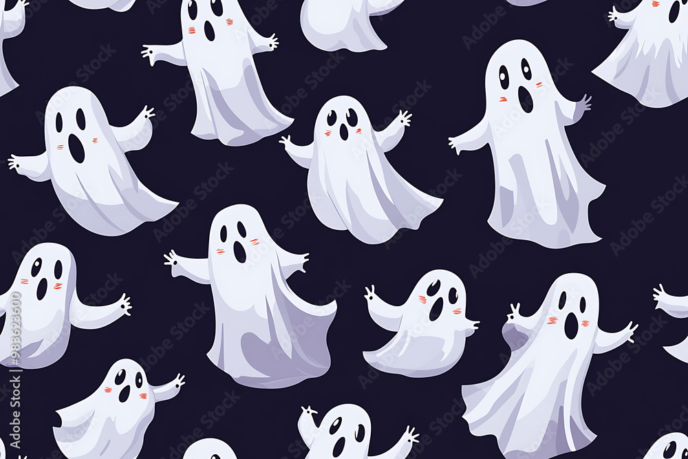 A playful pattern of various cartoon ghosts with expressive faces on a background. The ghosts have wide eyes and open mouths, evoking surprise or fright. Ideal for Halloween designs A playful pattern of various cartoon ghosts with expressive faces on a background. The ghosts have wide eyes and open mouths, evoking surprise or fright. Ideal for Halloween designs