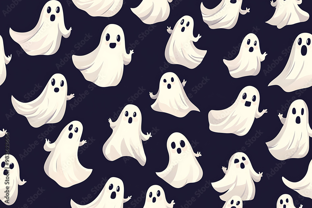 A playful pattern of various cartoon ghosts with expressive faces on a background. The ghosts have wide eyes and open mouths, evoking surprise or fright. Ideal for Halloween designs A playful pattern of various cartoon ghosts with expressive faces on a background. The ghosts have wide eyes and open mouths, evoking surprise or fright. Ideal for Halloween designs