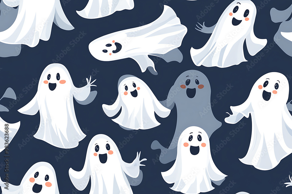 A playful pattern of various cartoon ghosts with expressive faces on a background. The ghosts have wide eyes and open mouths, evoking surprise or fright. Ideal for Halloween designs A playful pattern of various cartoon ghosts with expressive faces on a background. The ghosts have wide eyes and open mouths, evoking surprise or fright. Ideal for Halloween designs