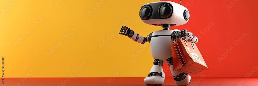 3D animated cartoon ai robot shopping, solid background, copy space 3D animated cartoon ai robot shopping, solid background, copy space