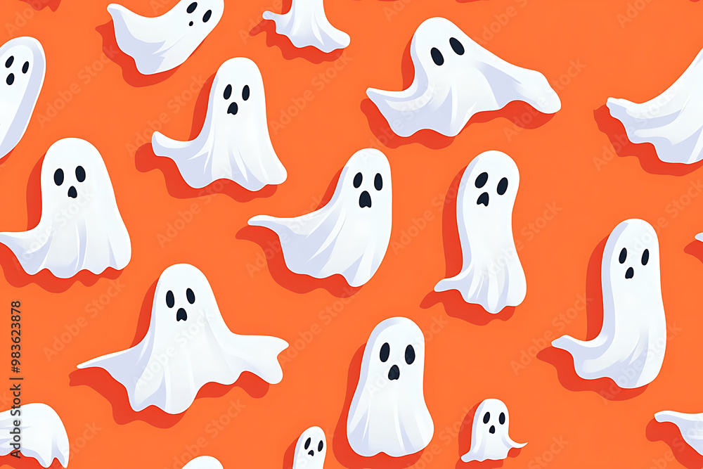 Naklejka premium A playful pattern of various cartoon ghosts with expressive faces on a background. The ghosts have wide eyes and open mouths, evoking surprise or fright. Ideal for Halloween designs