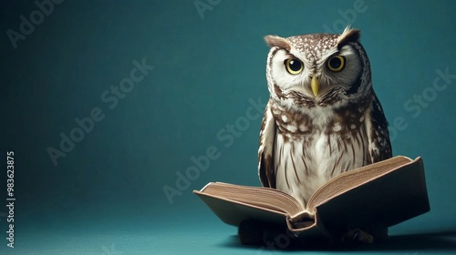 Wallpaper Mural A wise owl engaged in reading  symbolizing knowledge and learning against a blue backdrop Torontodigital.ca