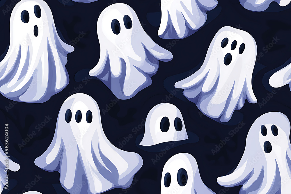 A playful pattern of various cartoon ghosts with expressive faces on a background. The ghosts have wide eyes and open mouths, evoking surprise or fright. Ideal for Halloween designs A playful pattern of various cartoon ghosts with expressive faces on a background. The ghosts have wide eyes and open mouths, evoking surprise or fright. Ideal for Halloween designs