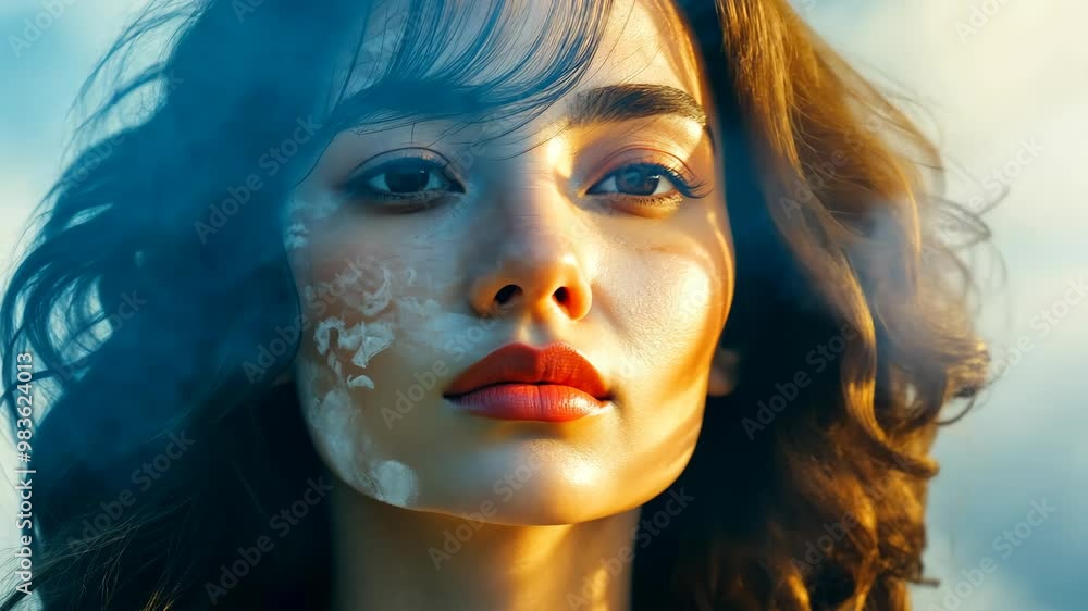 A serene moment of contemplation with a woman surrounded by dreamy clouds at sunset A serene moment of contemplation with a woman surrounded by dreamy clouds at sunset