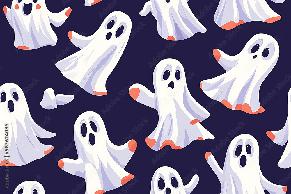 A playful pattern of various cartoon ghosts with expressive faces on a background. The ghosts have wide eyes and open mouths, evoking surprise or fright. Ideal for Halloween designs A playful pattern of various cartoon ghosts with expressive faces on a background. The ghosts have wide eyes and open mouths, evoking surprise or fright. Ideal for Halloween designs