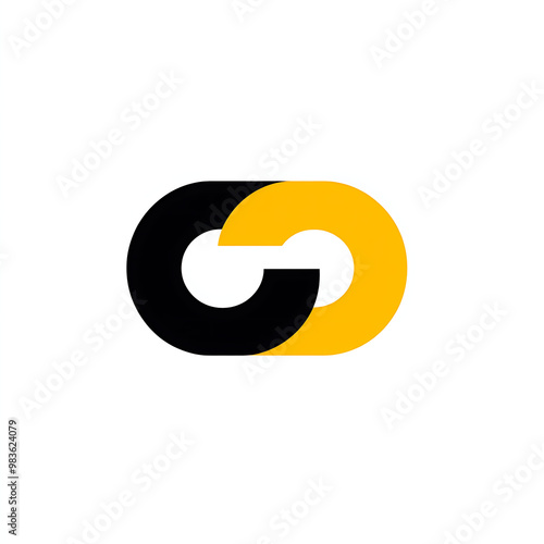 Interlocking Circles Logo: Abstract logo design featuring two interlocking circles, one black and one yellow, symbolizing connection, unity, and infinity. Perfect for branding, corporate identity, and