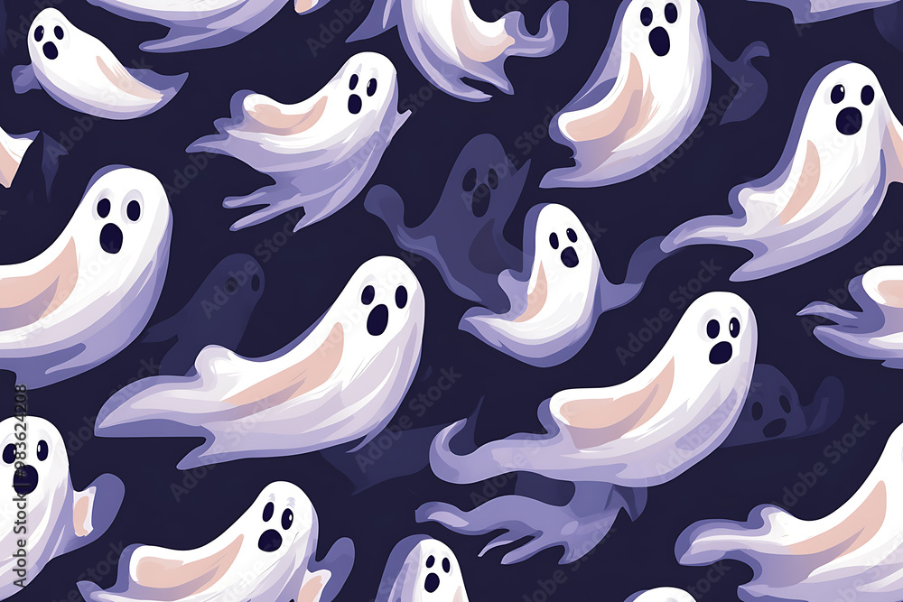 A playful pattern of various cartoon ghosts with expressive faces on a background. The ghosts have wide eyes and open mouths, evoking surprise or fright. Ideal for Halloween designs. AI-generated A playful pattern of various cartoon ghosts with expressive faces on a background. The ghosts have wide eyes and open mouths, evoking surprise or fright. Ideal for Halloween designs. AI-generated