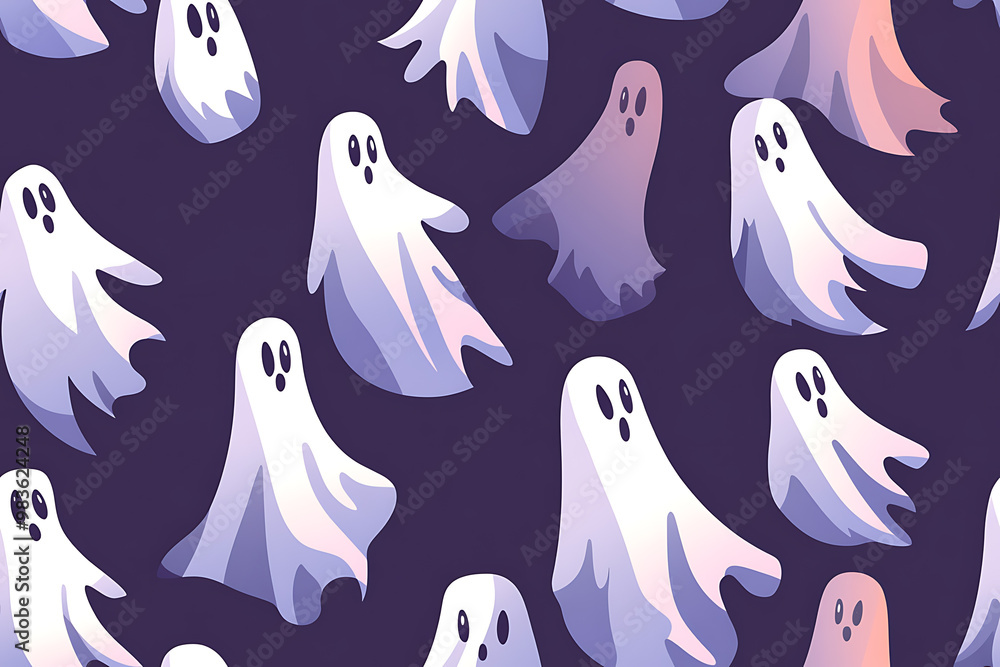 A playful pattern of various cartoon ghosts with expressive faces on a background. The ghosts have wide eyes and open mouths, evoking surprise or fright. Ideal for Halloween designs A playful pattern of various cartoon ghosts with expressive faces on a background. The ghosts have wide eyes and open mouths, evoking surprise or fright. Ideal for Halloween designs