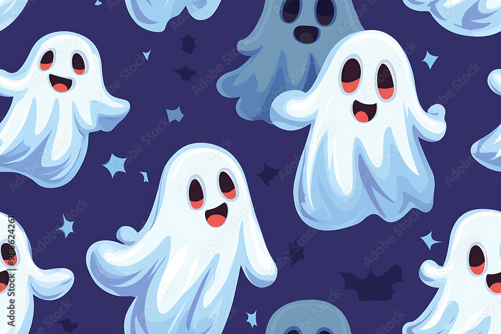 A playful pattern of various cartoon ghosts with expressive faces on a background. The ghosts have wide eyes and open mouths, evoking surprise or fright. Ideal for Halloween designs A playful pattern of various cartoon ghosts with expressive faces on a background. The ghosts have wide eyes and open mouths, evoking surprise or fright. Ideal for Halloween designs