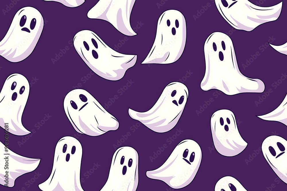 A playful pattern of various cartoon ghosts with expressive faces on a background. The ghosts have wide eyes and open mouths, evoking surprise or fright. Ideal for Halloween designs A playful pattern of various cartoon ghosts with expressive faces on a background. The ghosts have wide eyes and open mouths, evoking surprise or fright. Ideal for Halloween designs
