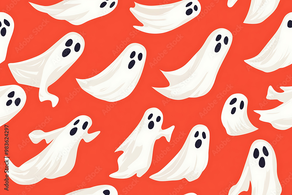 A playful pattern of various cartoon ghosts with expressive faces on a background. The ghosts have wide eyes and open mouths, evoking surprise or fright. Ideal for Halloween designs. AI-generated A playful pattern of various cartoon ghosts with expressive faces on a background. The ghosts have wide eyes and open mouths, evoking surprise or fright. Ideal for Halloween designs. AI-generated