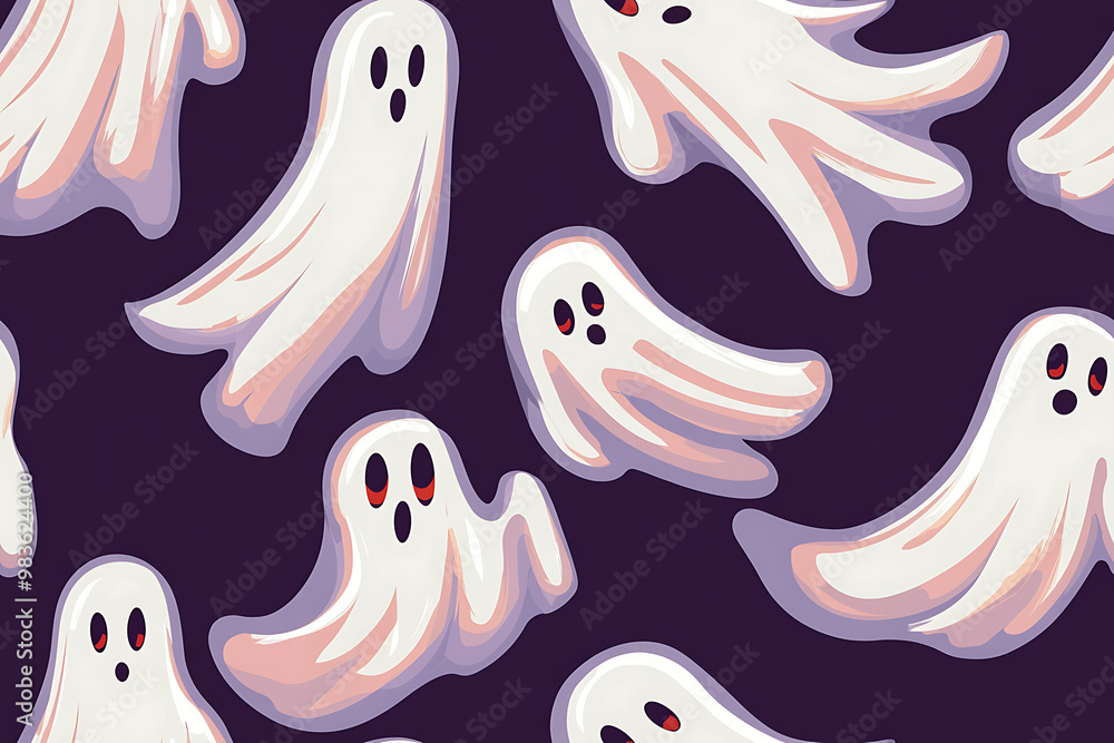 A playful pattern of various cartoon ghosts with expressive faces on a background. The ghosts have wide eyes and open mouths, evoking surprise or fright. Ideal for Halloween designs A playful pattern of various cartoon ghosts with expressive faces on a background. The ghosts have wide eyes and open mouths, evoking surprise or fright. Ideal for Halloween designs