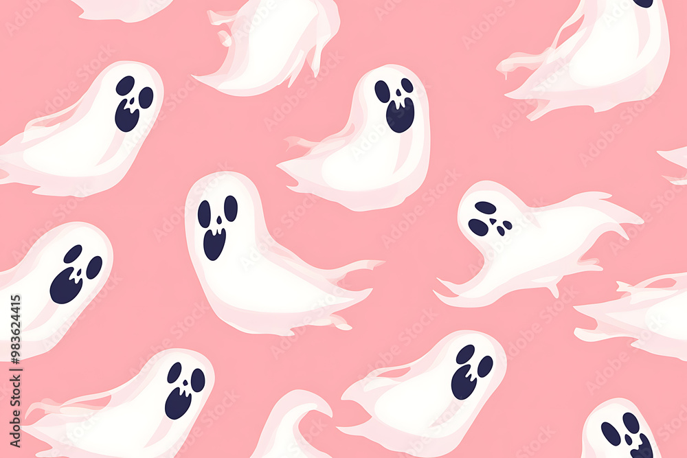 A playful pattern of various cartoon ghosts with expressive faces on a background. The ghosts have wide eyes and open mouths, evoking surprise or fright. Ideal for Halloween designs A playful pattern of various cartoon ghosts with expressive faces on a background. The ghosts have wide eyes and open mouths, evoking surprise or fright. Ideal for Halloween designs