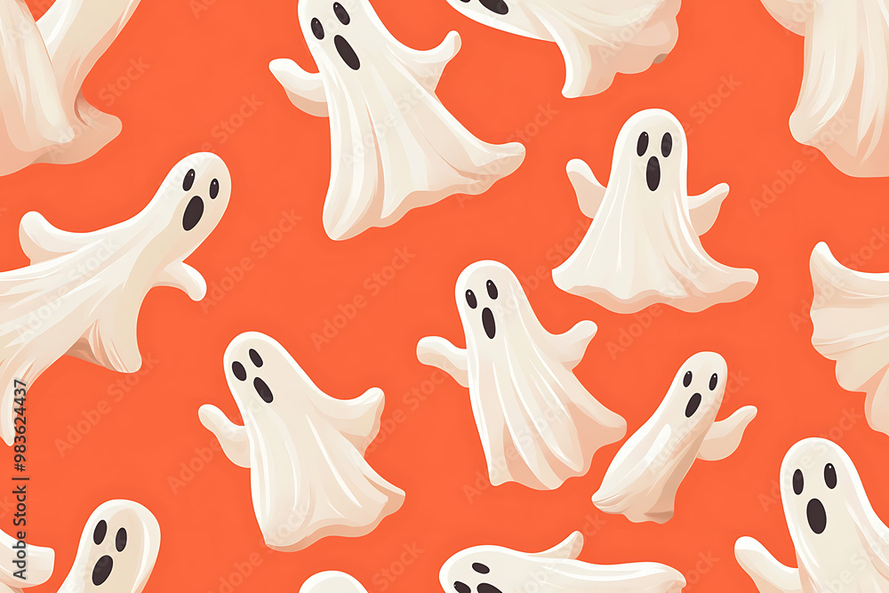 A playful pattern of various cartoon ghosts with expressive faces on a background. The ghosts have wide eyes and open mouths, evoking surprise or fright. Ideal for Halloween designs. AI-generated A playful pattern of various cartoon ghosts with expressive faces on a background. The ghosts have wide eyes and open mouths, evoking surprise or fright. Ideal for Halloween designs. AI-generated