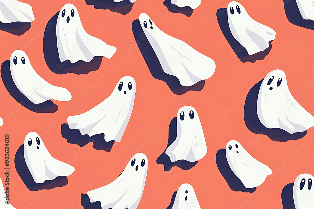 A playful pattern of various cartoon ghosts with expressive faces on a background. The ghosts have wide eyes and open mouths, evoking surprise or fright. Ideal for Halloween designs A playful pattern of various cartoon ghosts with expressive faces on a background. The ghosts have wide eyes and open mouths, evoking surprise or fright. Ideal for Halloween designs