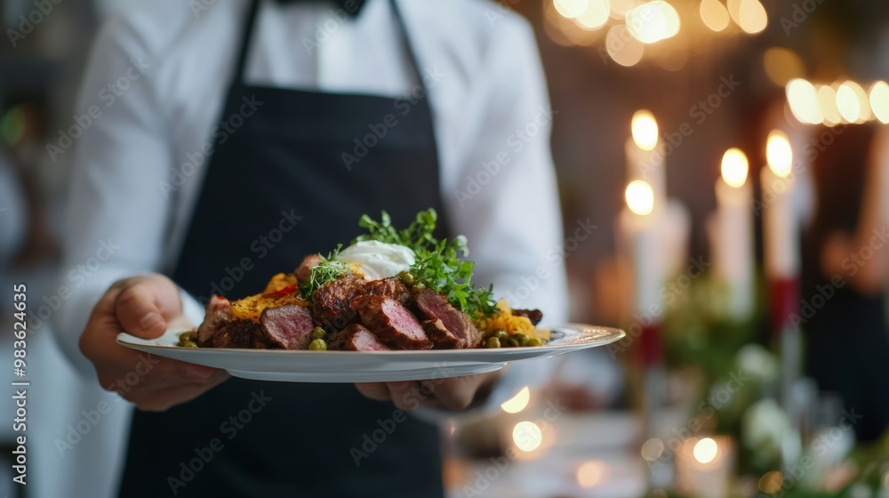 Waiter serving delicious meat dishes at a festive wedding reception or party event in a restaurant Waiter serving delicious meat dishes at a festive wedding reception or party event in a restaurant