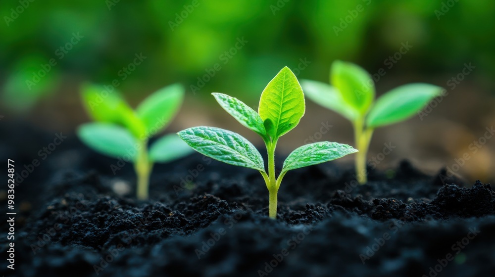 Three small green plants are growing in the dirt Three small green plants are growing in the dirt