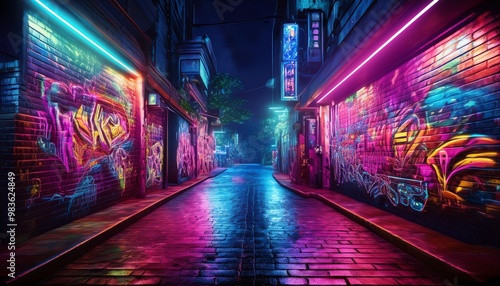 A vibrant, neon-lit alleyway featuring colorful street art, reflecting a lively urban atmosphere at night.