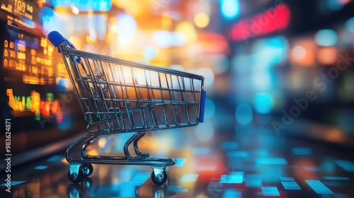 A shopping cart is shown in a blurry image with a bright blue