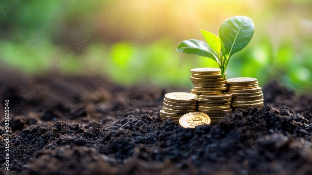 A pile of coins is on top of a plant A pile of coins is on top of a plant