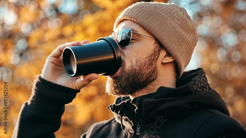 Enjoying a warm drink in autumn foliage while dressed casually in a beanie and sunglasses during a sunny afternoon moment photo