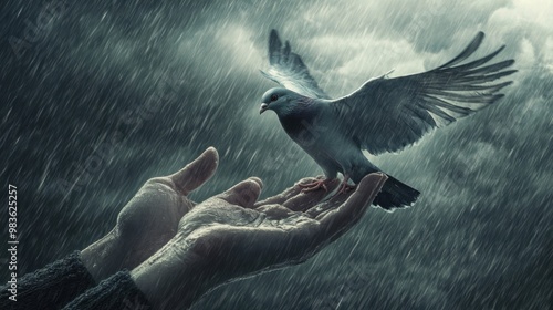 A hand holding a pigeon in the rain