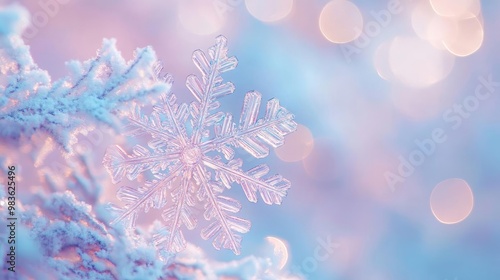 A delicate snowflake rests on frosty branches, surrounded by a dreamy pastel winter background, evoking feelings of serenity.