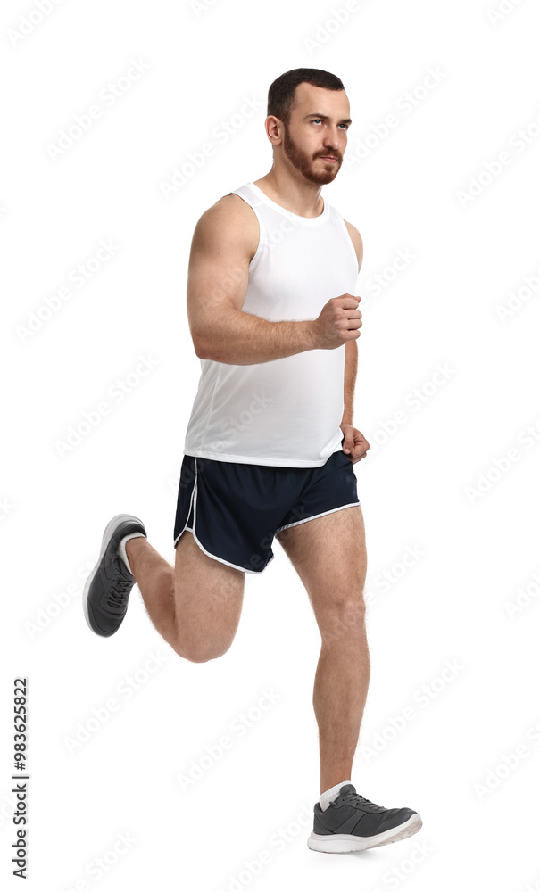 Handsome young man running on white background Handsome young man running on white background