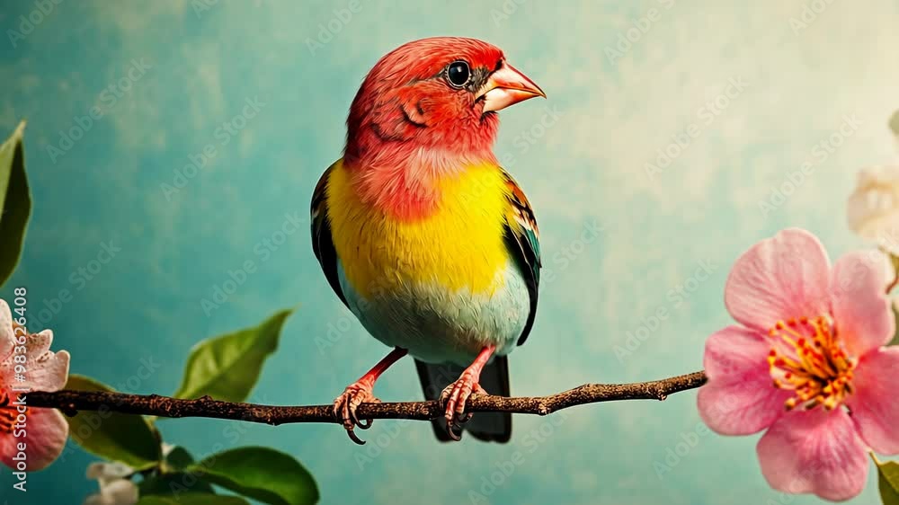 Colorful bird perched on a branch with blossoms in springtime garden Colorful bird perched on a branch with blossoms in springtime garden