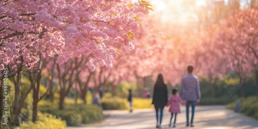 Family walking through a cherry blossom path, defocused Family walking through a cherry blossom path, defocused