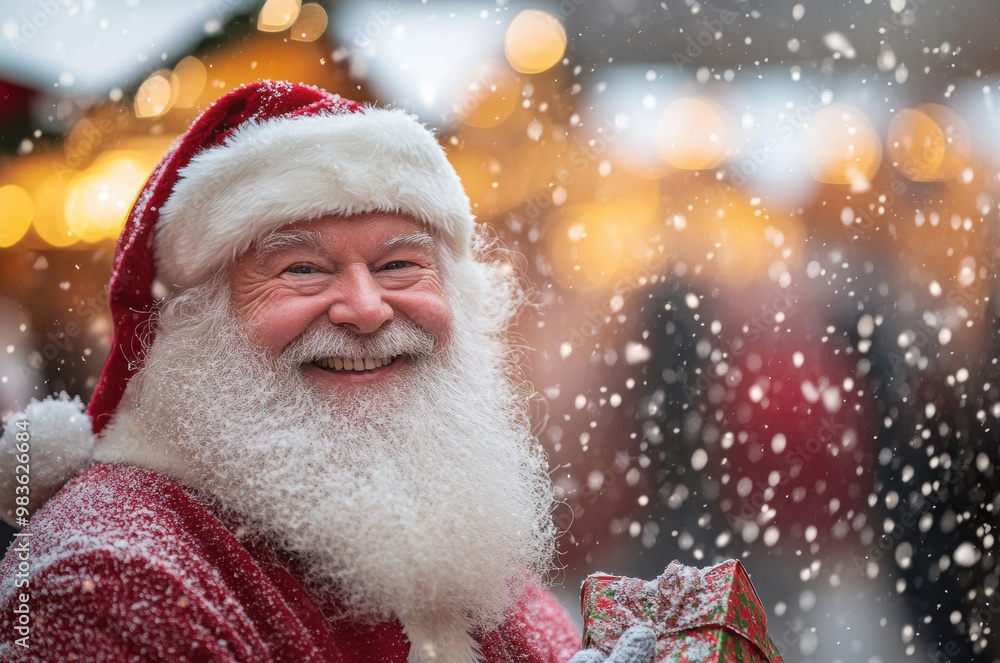 Santa, with a christmas gift candy cane, present bag in hand stands on snow-filled, festive street, village blur background, making scene for Christmas marketing, holiday campaigns. Santa, with a christmas gift candy cane, present bag in hand stands on snow-filled, festive street, village blur background, making scene for Christmas marketing, holiday campaigns.