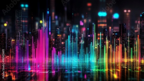 A digitally augmented night cityscape, where skyscrapers are surrounded by colorful data streams, reflecting the essence of connectivity and advanced technology.