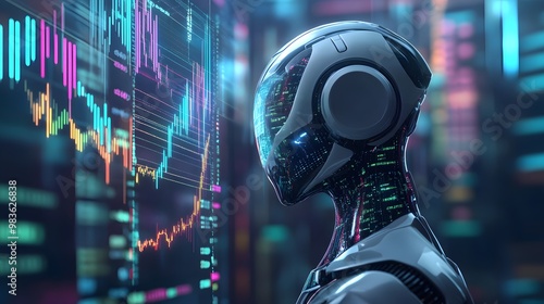 A futuristic robot with a sleek, metallic head projects holographic financial data into the air. The floating graphs, charts, and numerical data are displayed in vibrant colors, reflecting advanced 